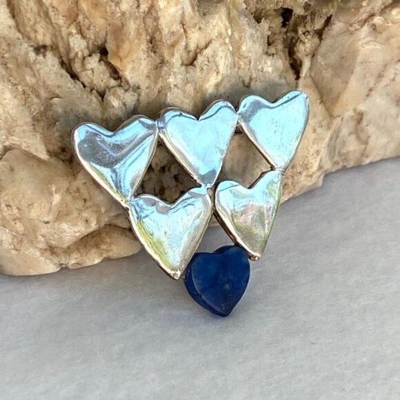 Vintage Sterling Silver 925 1.5" Stacked Hearts Blue Lapis Brooch - Picture 12 of 16